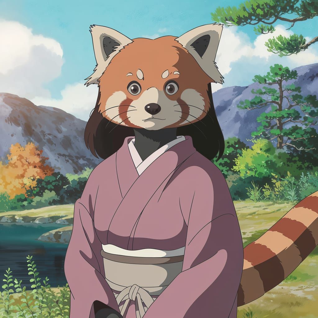 Anime Red Panda in Kimono: Ghibli-Style Key Visual