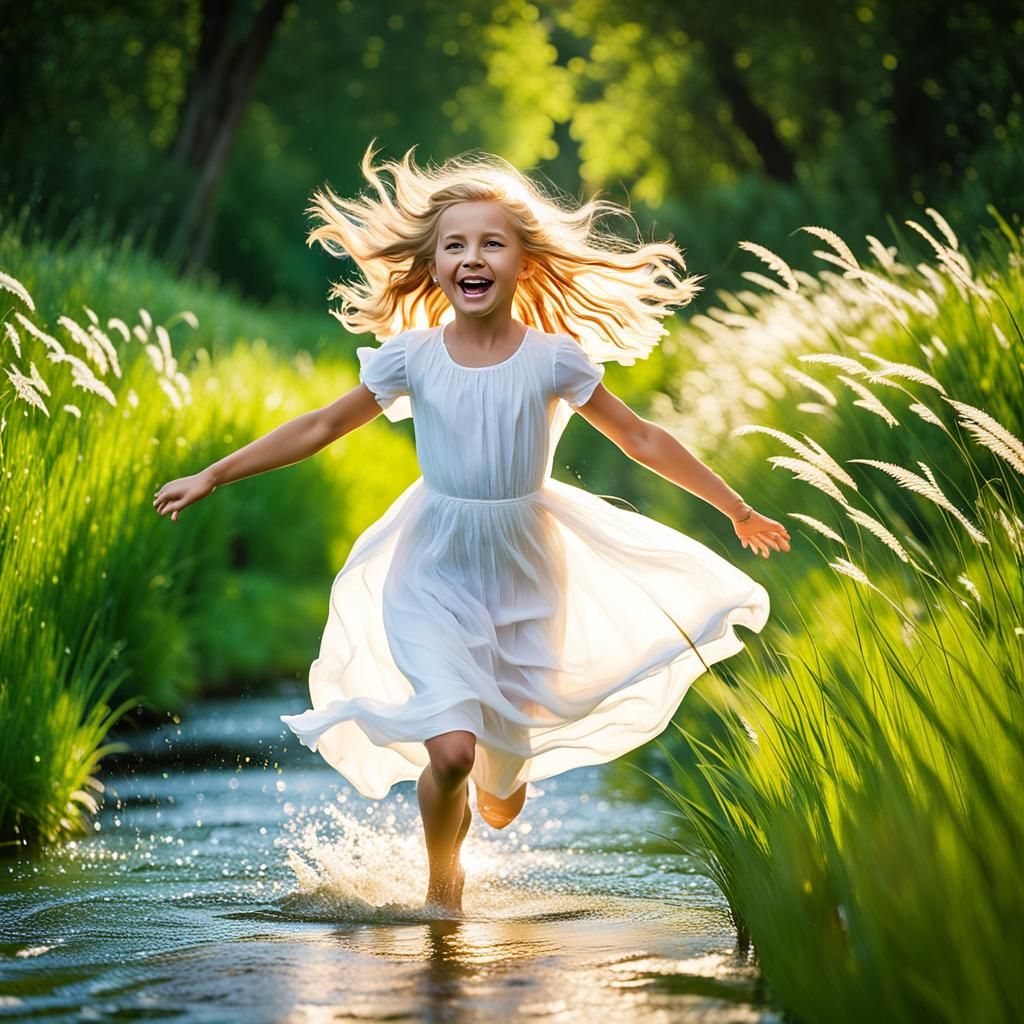 Girl Runs Through Grassy Field in Crystal Art Style