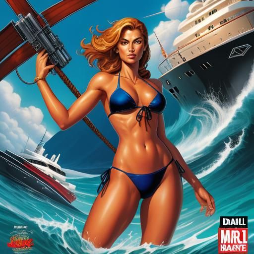 Bikini Model on Yacht in Comic Book Style
