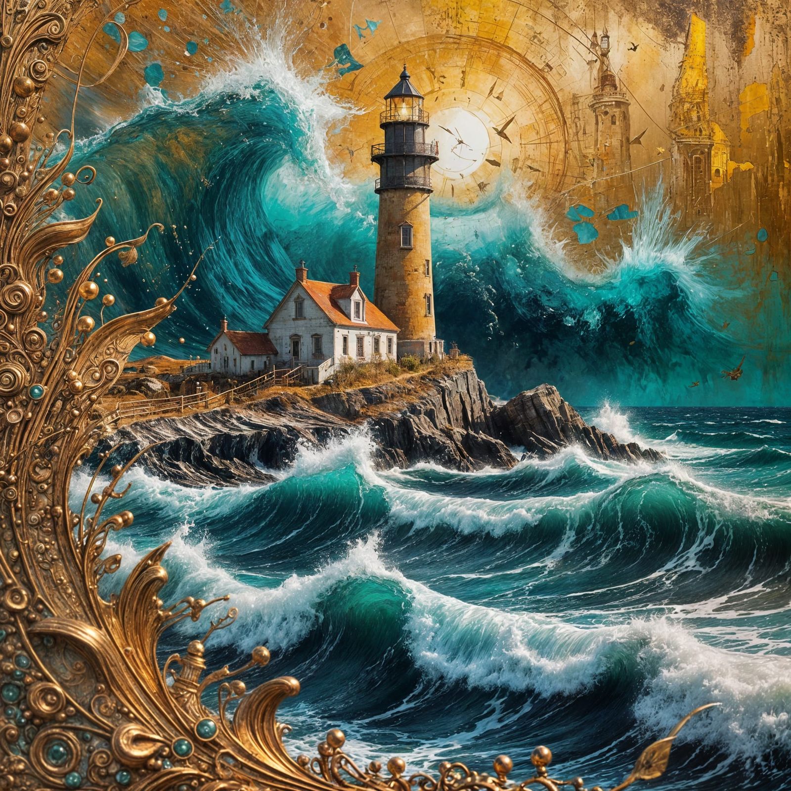 Ethereal Copper Seascape with Lighthouse