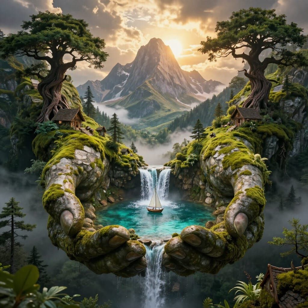 Surreal Fantasy Landscape Held in Stone Hands