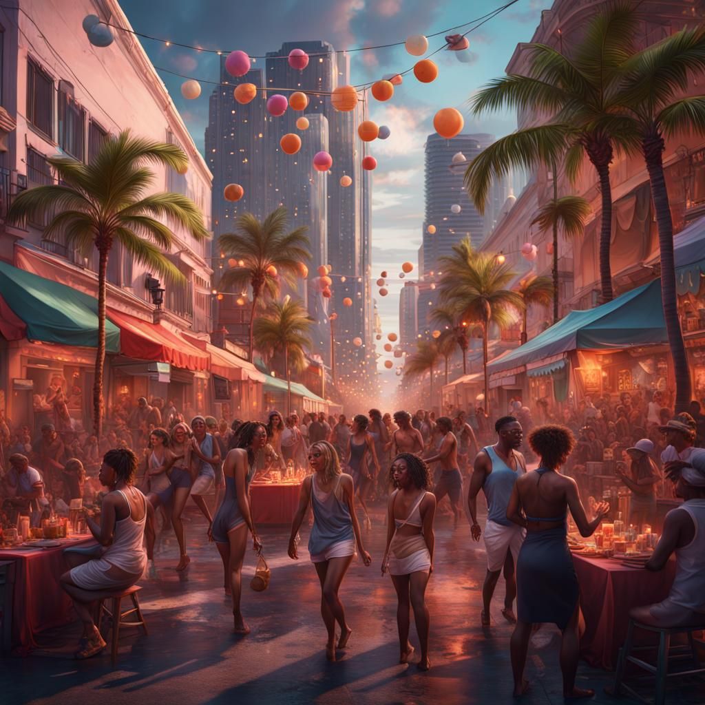 Miami Street Party: Detailed Fantasy Concept Art