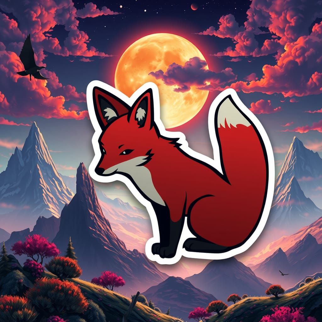 Stylized Fox Sticker in a Vibrant Fantasy Landscape