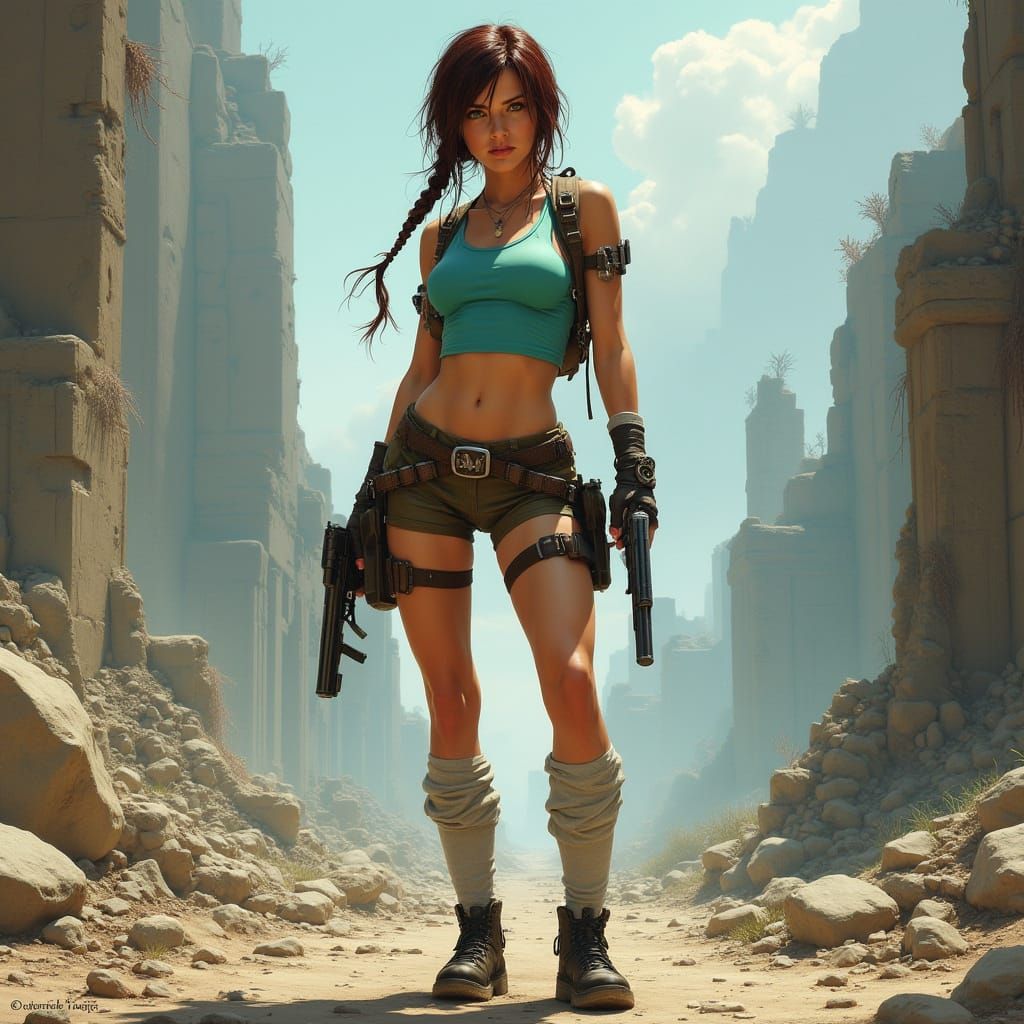 Cyberpunk Adventurer in Futuristic Ruins