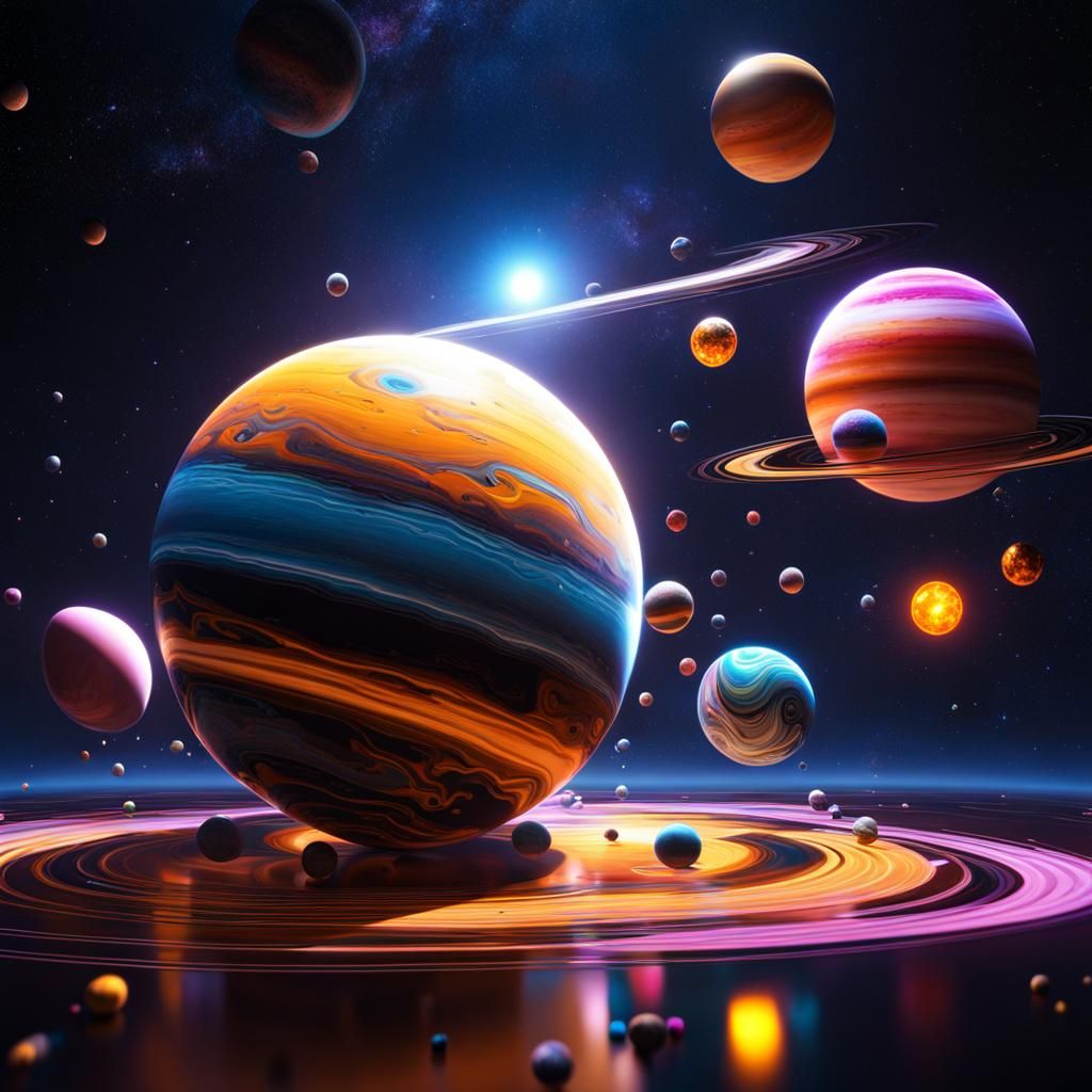 Graffiti Planets in Liquid Solar System: 3D Render