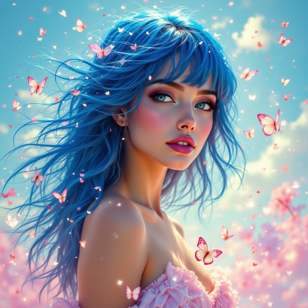 Blue-Haired Woman Portrait in Art Nouveau Style