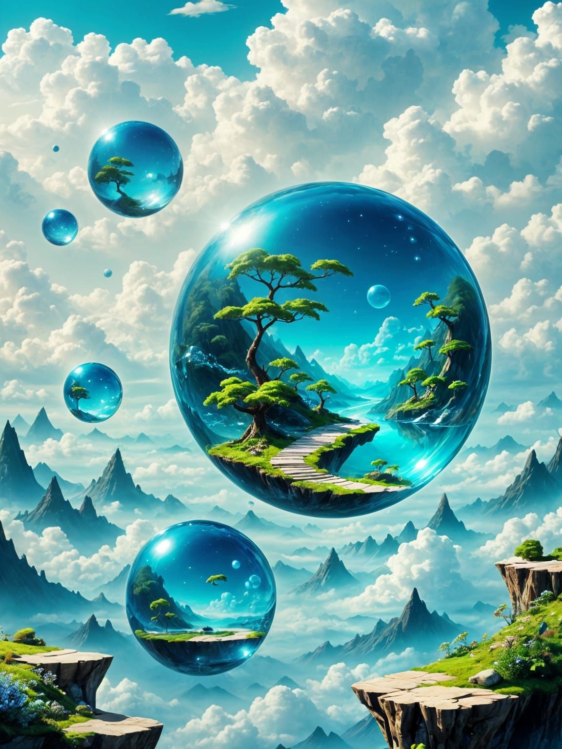 Floating Bubble Ecosystems in Dreamlike Sky