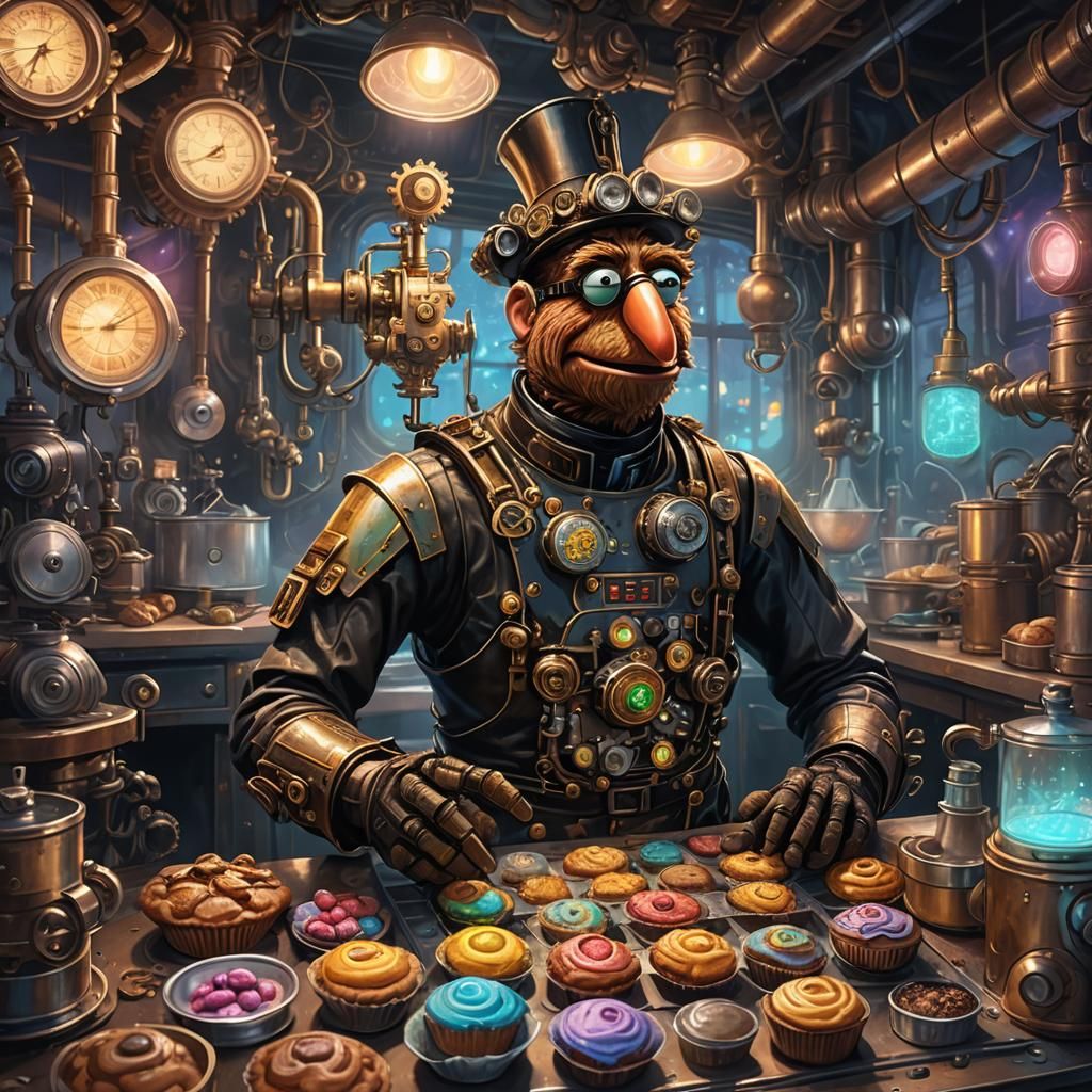 Teslapunk Muppet Bakery Still Life in Mixed Media Style