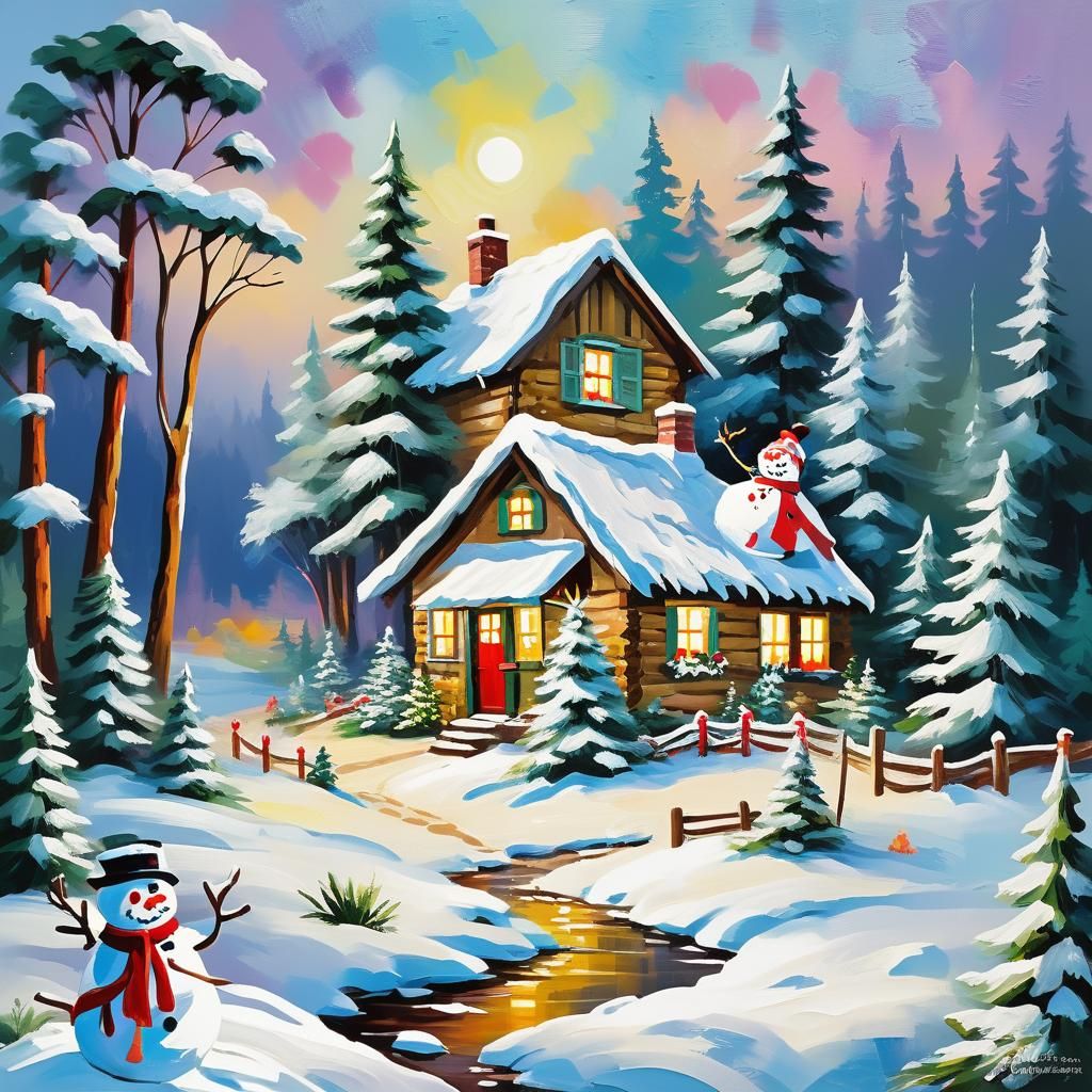 Christmas Cottage with Snowman in Impasto Style