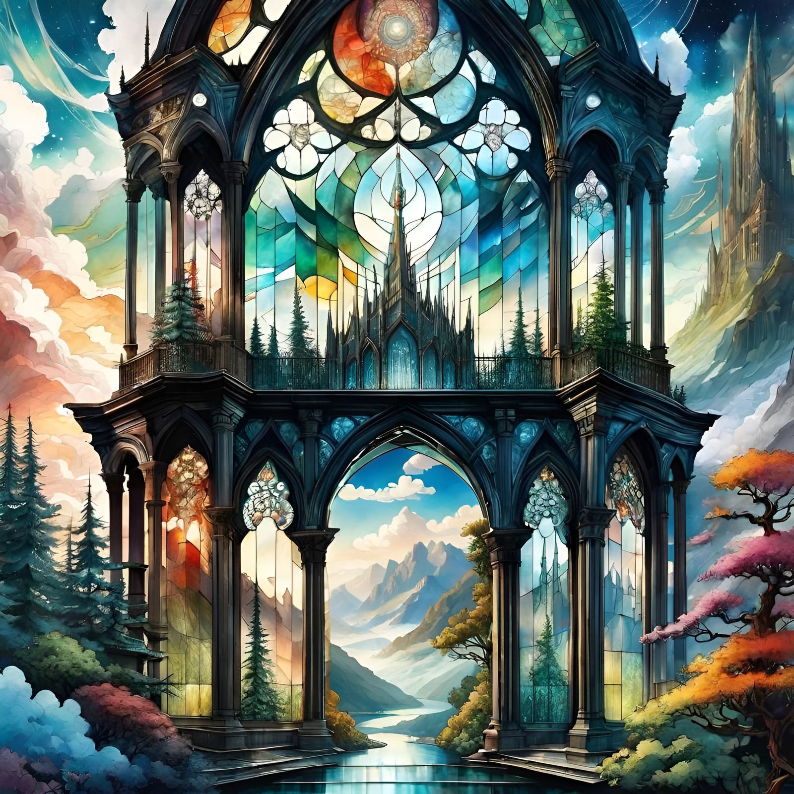 Fantasy River to Mountains in Stained Glass Style
