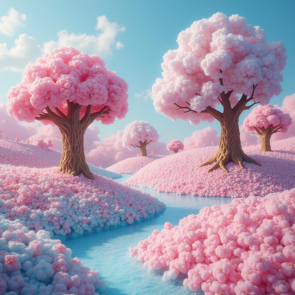 rolling hills of pastel pink and blue cotton candy, lollipop trees, and gingerbread plum trees, set in a whimsical, pop ...