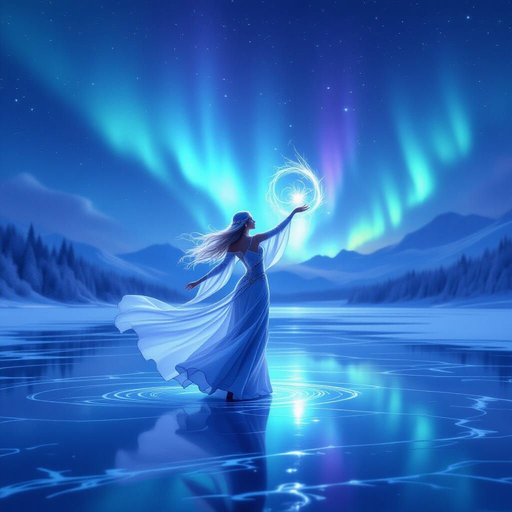 Elven Dancer on Frozen Lake Under Aurora Sky