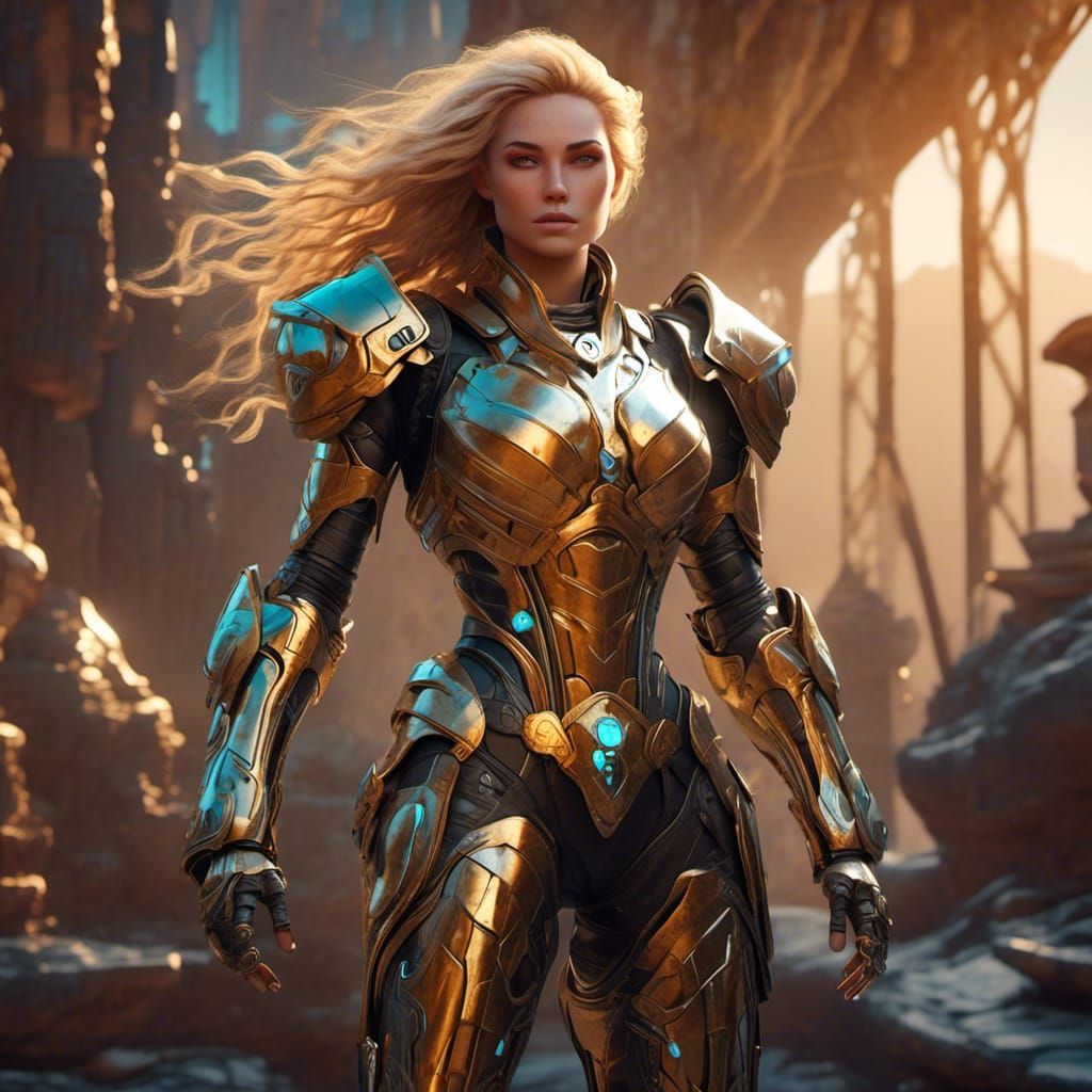 Cybernetic Woman in Futuristic Armor: Digital Art