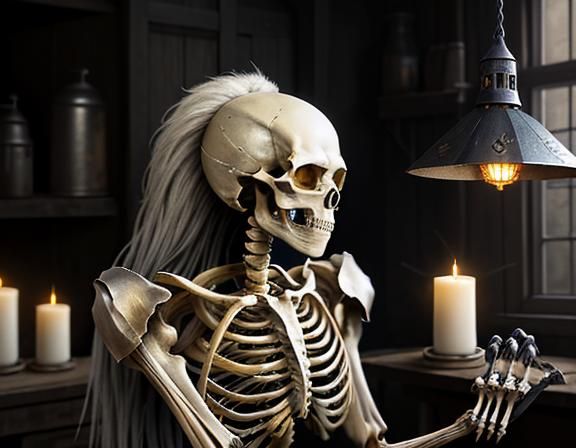 Furry Skeleton Cleans Bones: Dark Fantasy Art