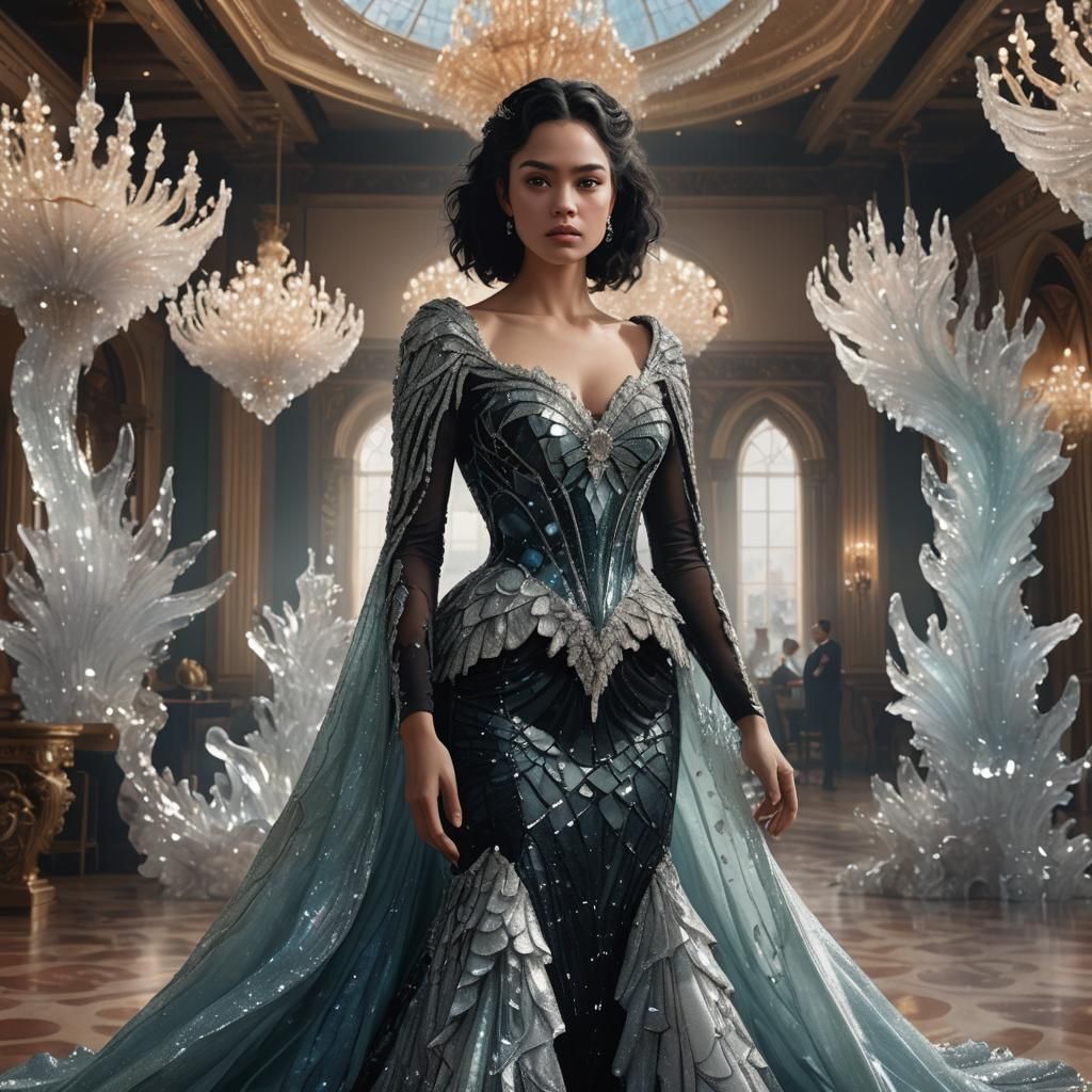 Woman in Crystal Dress in Grand Ballroom