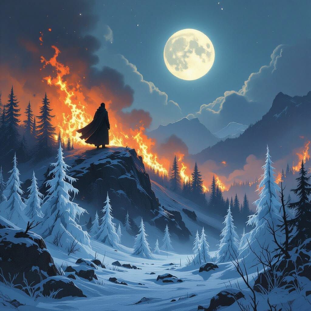 Contrasting Forests: Burning Inferno and Moonlit Ice