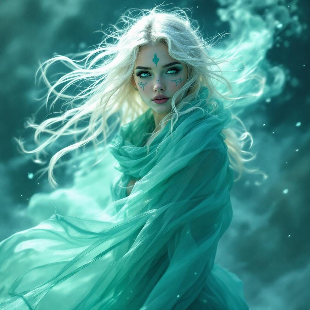 Ethereal Woman Dancing in Turquoise Mist