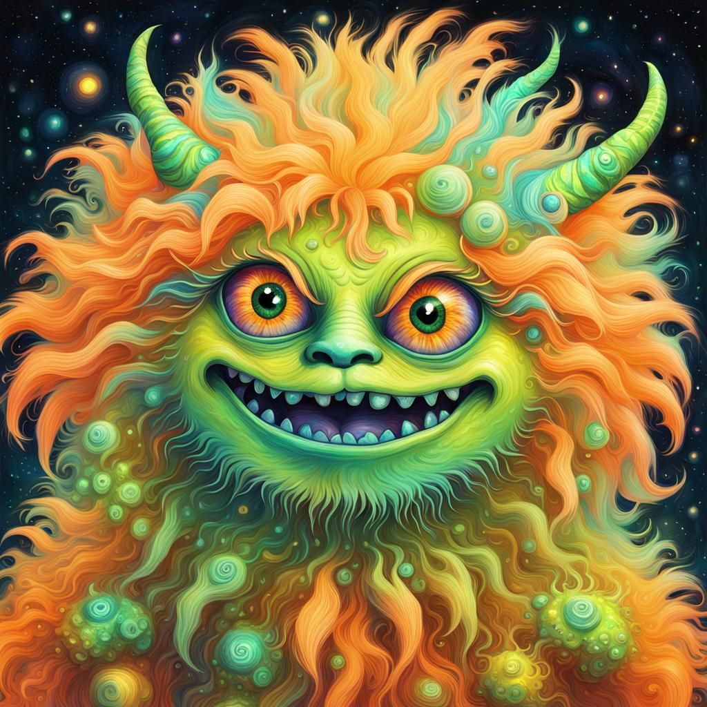 Fluffy Sparkling Monster with Girl, Astral Cosmic Illustrati...