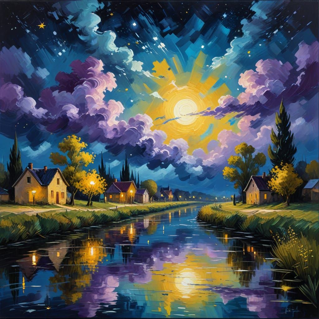 Vibrant Night Sky Over a Serene Rural Canal in Post-Impressi...