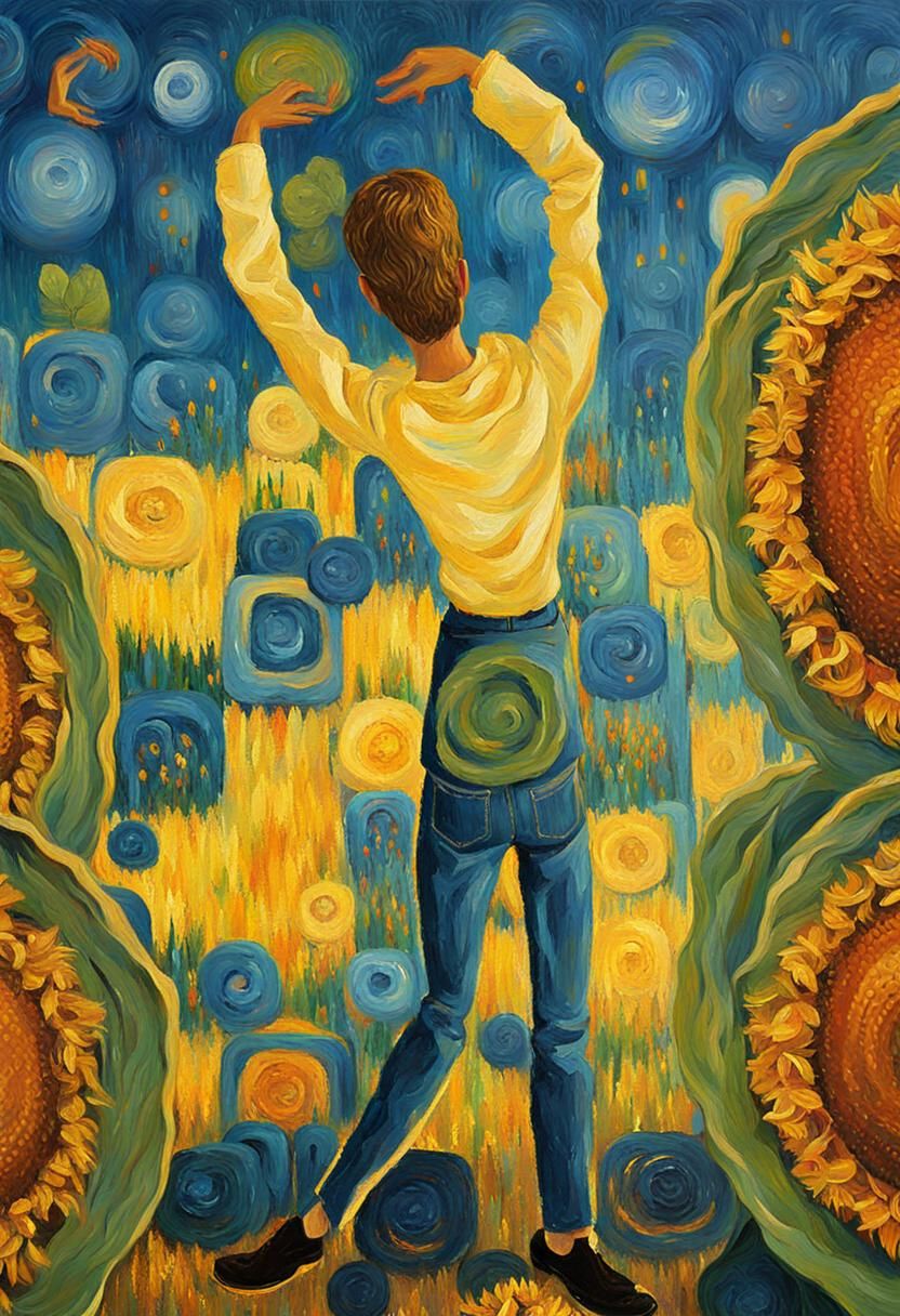 Sunflower Field Under Starry Night in Impressionist Style