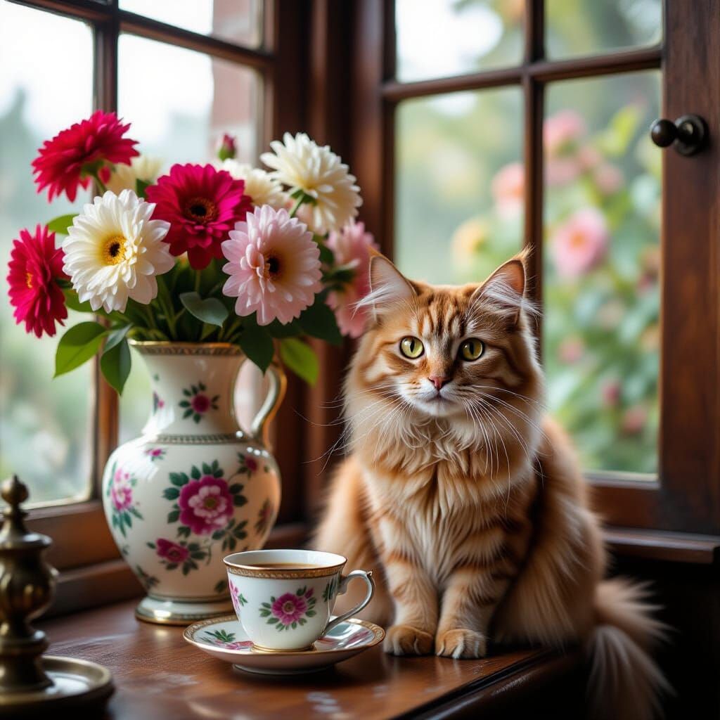 Beige Cat in Italian Decor, Cinematic Still