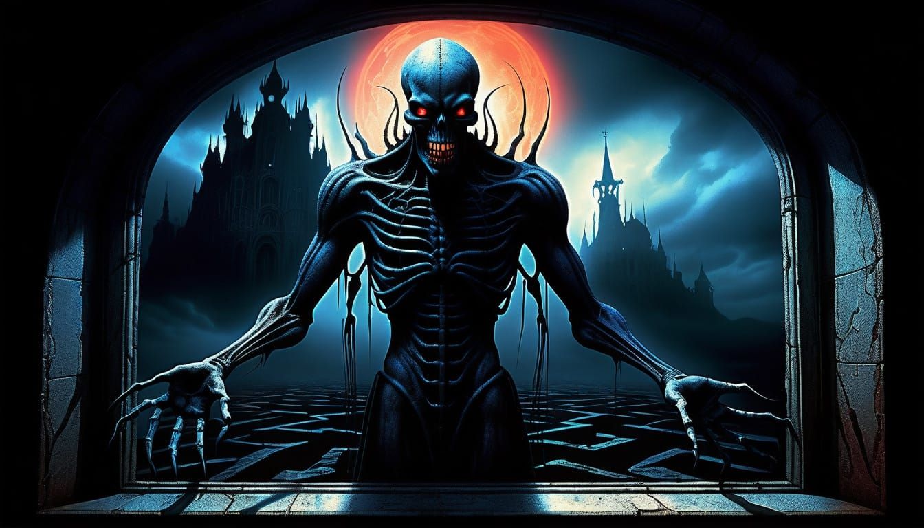 Ethereal Horror Figure in Vivid Blue Light