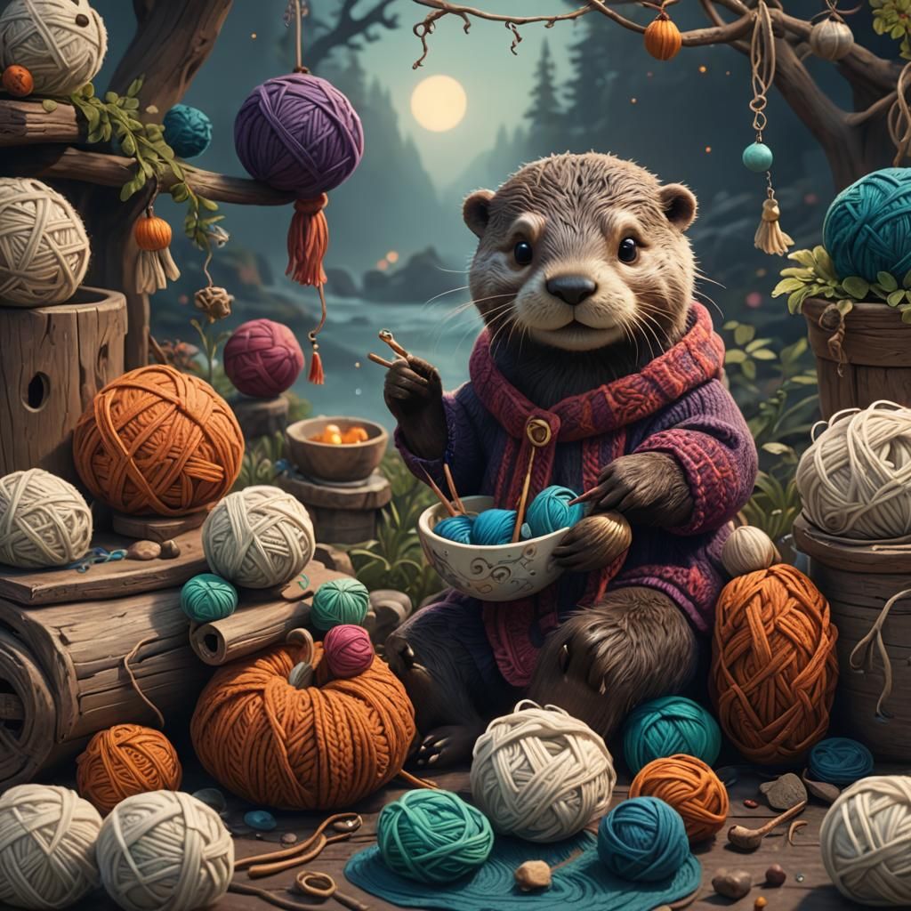 Otter Learns Knitting in Cozy Hygge Home