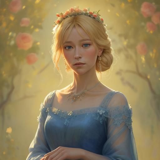 Blonde Woman in Blue Gown with Glowing Roses as Impressionis...