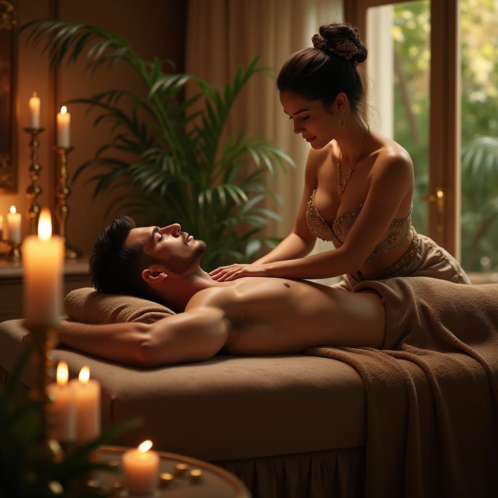Elegant Man in Serene Spa Setting, Luxury Massage in Opulent...