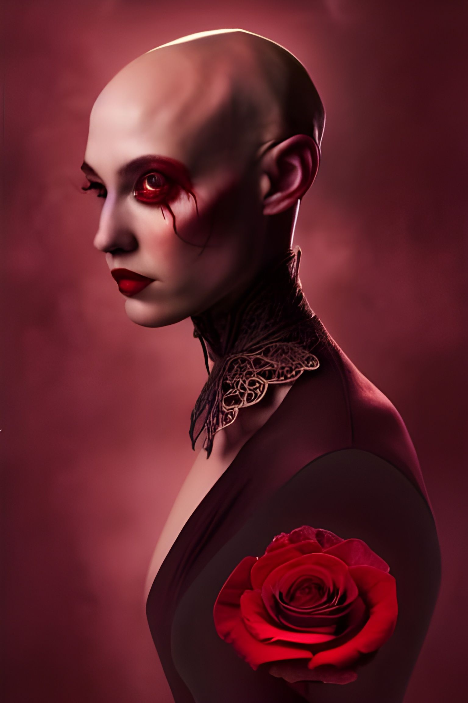 Bald Woman Smelling a Crimson Rose: Pre-Raphaelitism Art