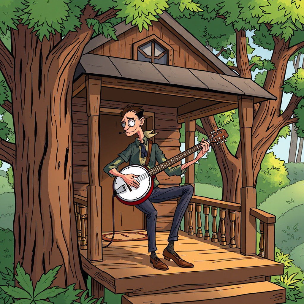 Cartoon Man Plays Banjo in Treehouse Comic Art