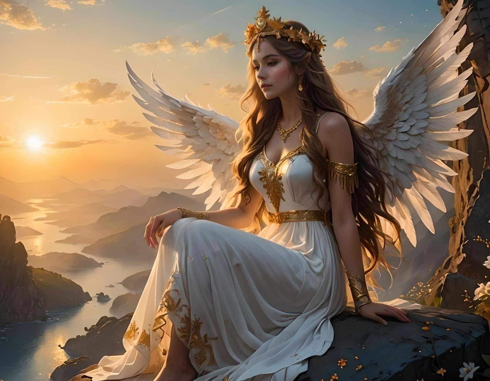 Ethereal Winged Woman on a Rock at Sunset
