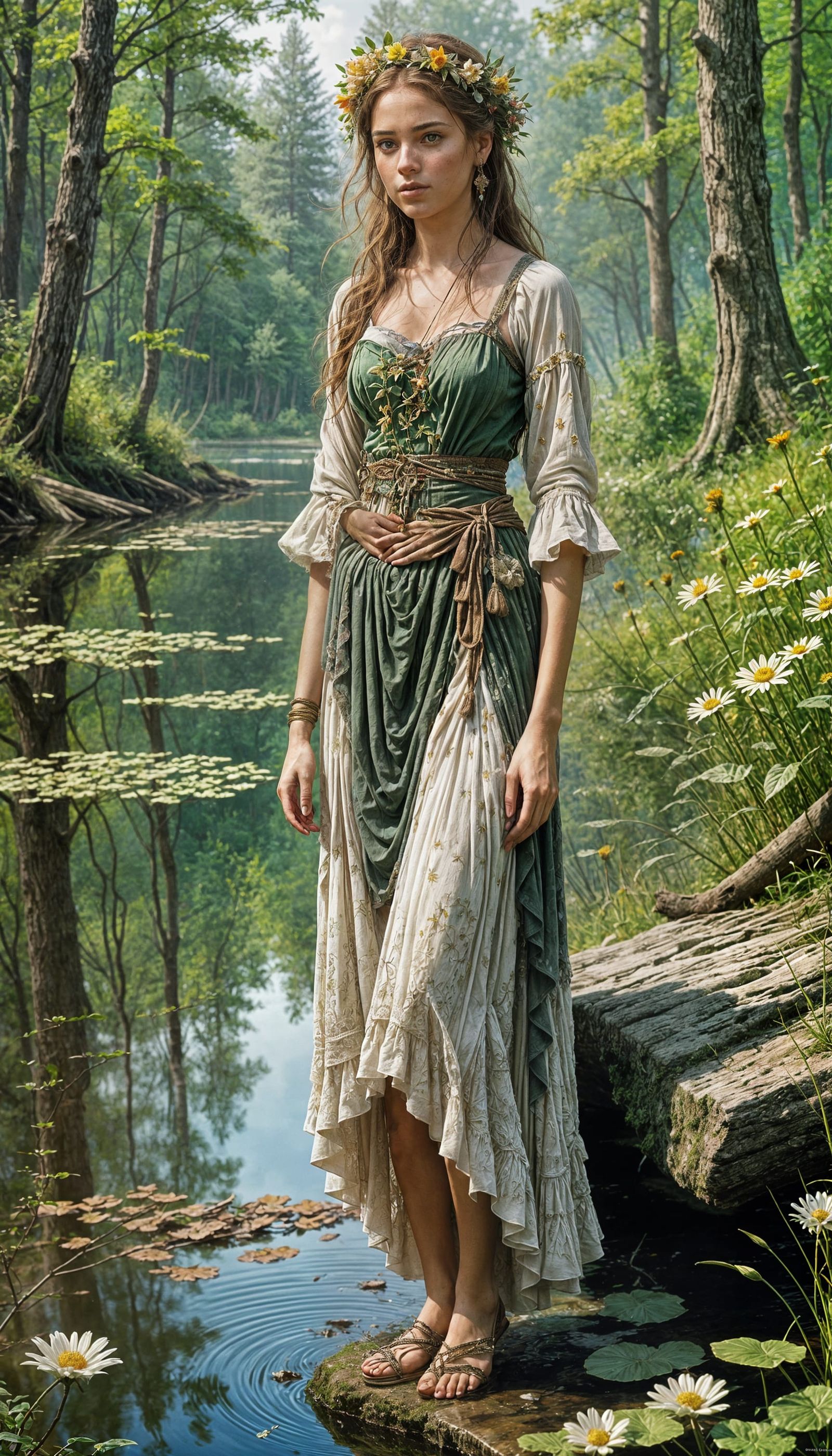 Freckled Peasant Woman Disrobing by Forest Lake