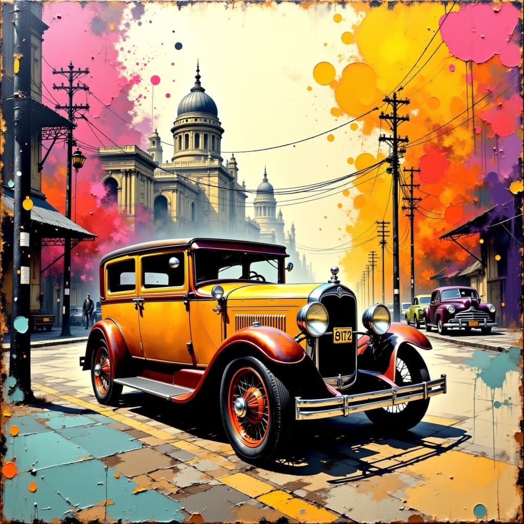 Vintage Car in 1920s City, Impasto Oil Painting