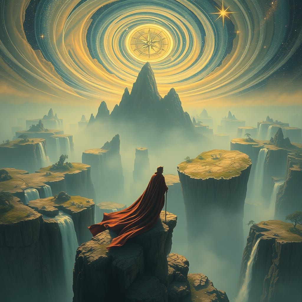 Cartographer Drifting Through Dreamlike Landscape in Surreal...