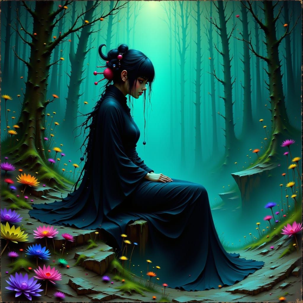 Tsuchigumo Woman in Mystical Forest, Inspired Art