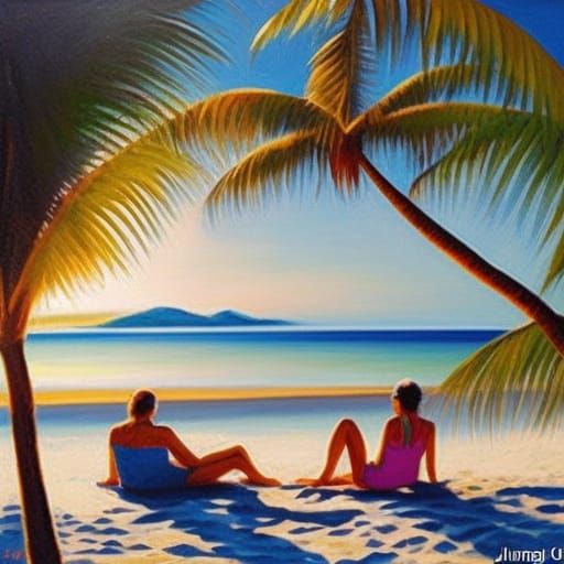 Sunset Beach Oil Painting with Figures and Seagull