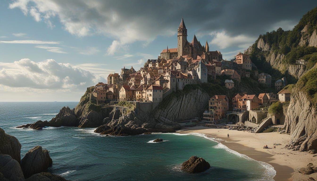 Fantasy Coastal Village in Chiaroscuro Style