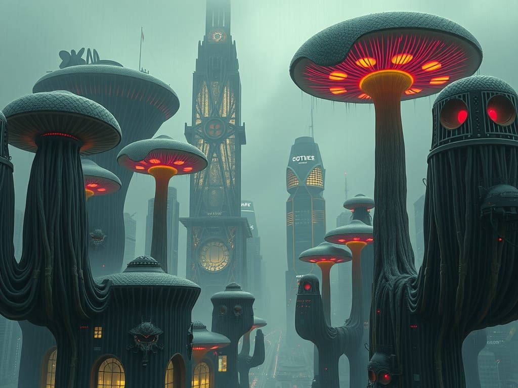 Cyberpunk Mushroom Metropolis in Biopunk Style