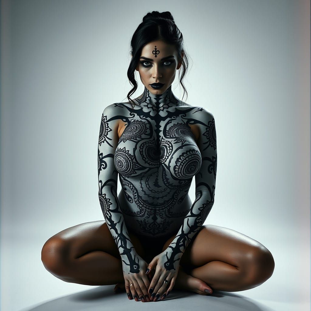Cinematic Body Art of a Model in Intricate Black and White D...