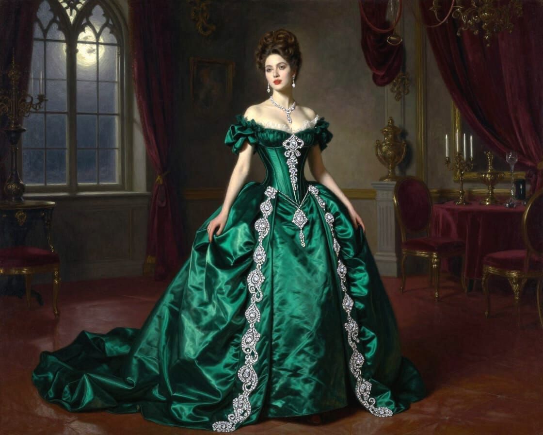 Elegant Woman in Emerald Silk Gown, Romantic Gothic Oil Pain...