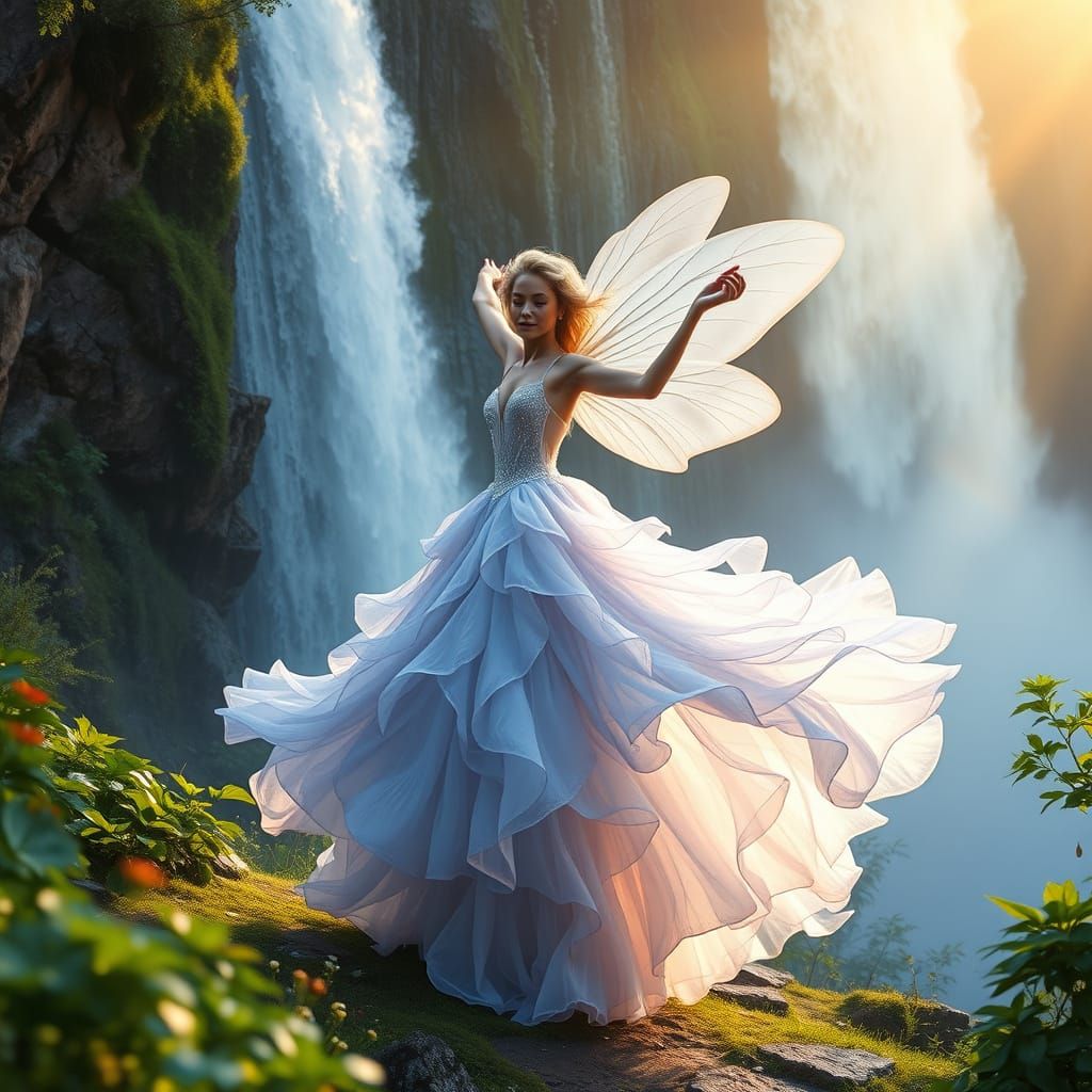 Ethereal Fairy Goddess in Whimsical Waterfall Dance