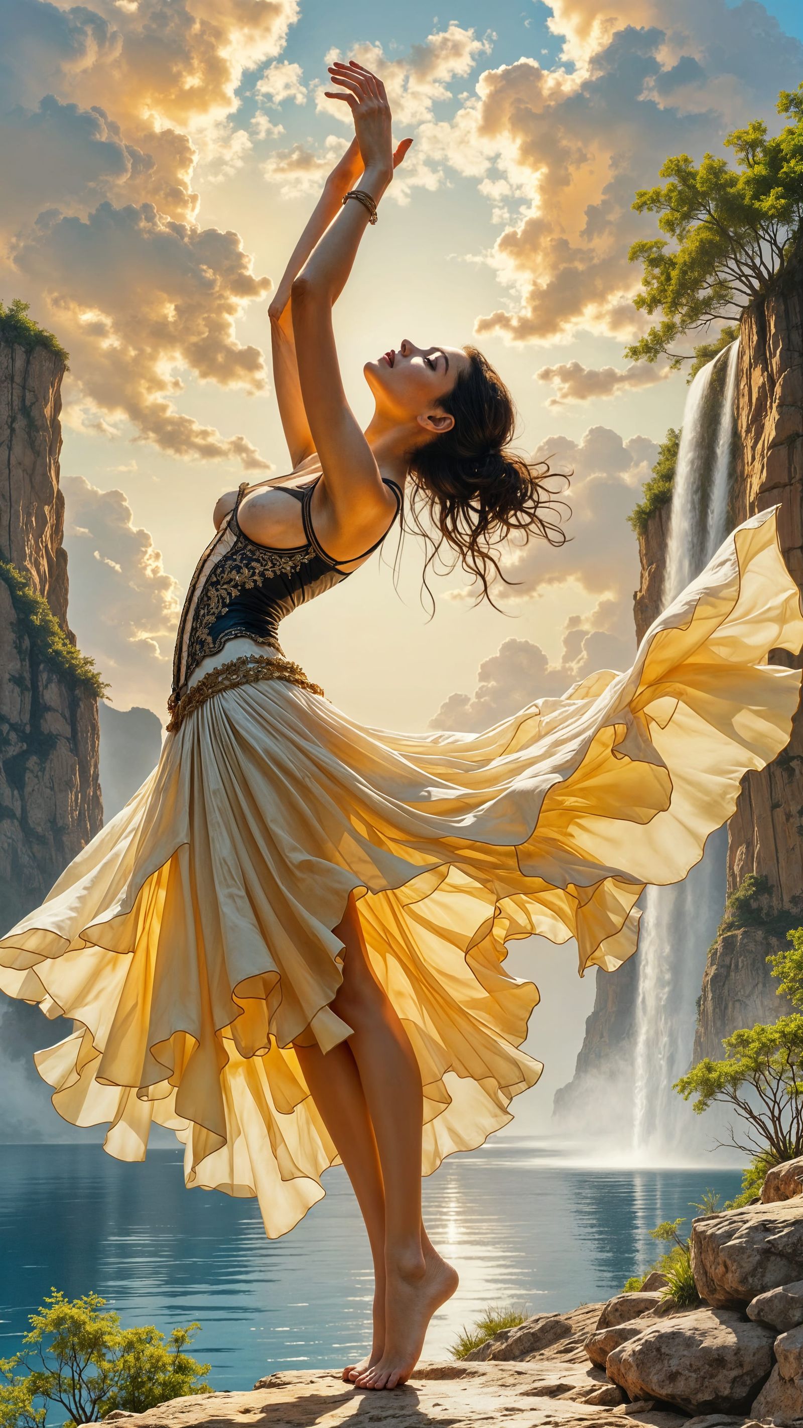 Woman in Flowing Skirt Arches Gracefully Towards Sky