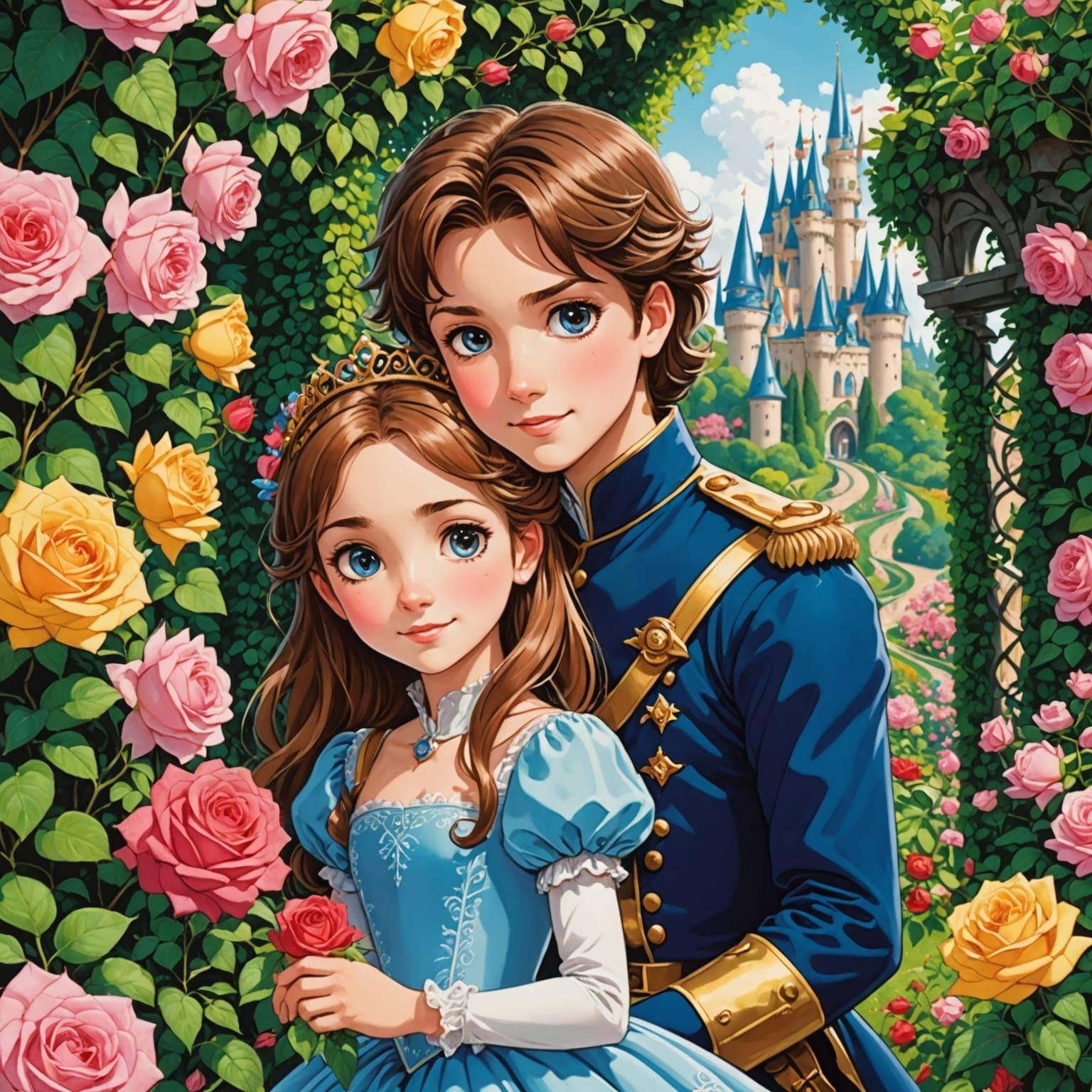 Anime Prince and Princess in Rose Garden