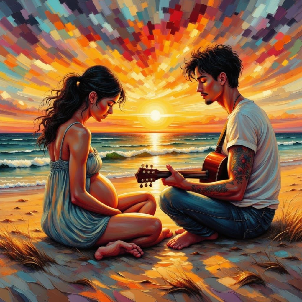 Melancholic Romantic Double Exposure: Beach Sunset Romance