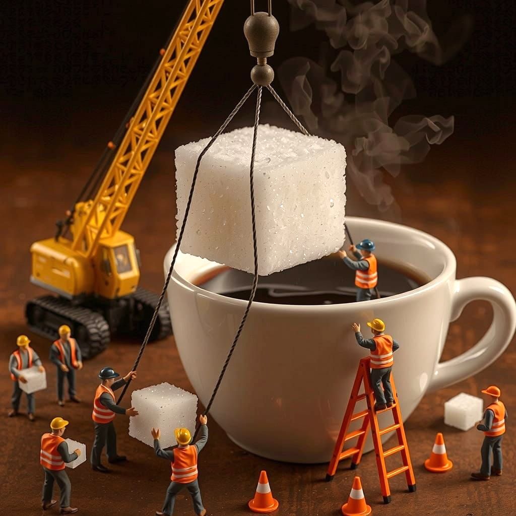 Miniature Workers Add Sugar Cube to Coffee in Cinematic Scen...
