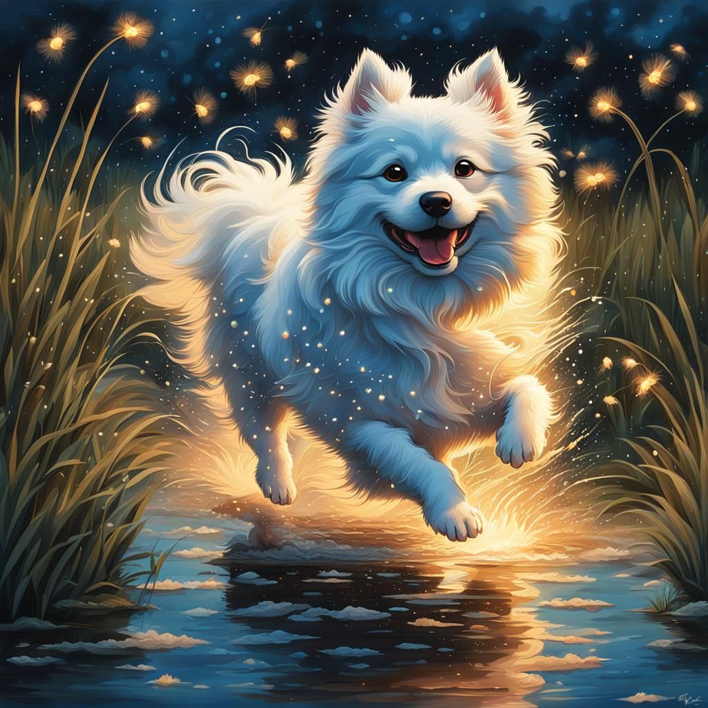 White Spitz Puppy in Firefly Meadow: Watercolor Art