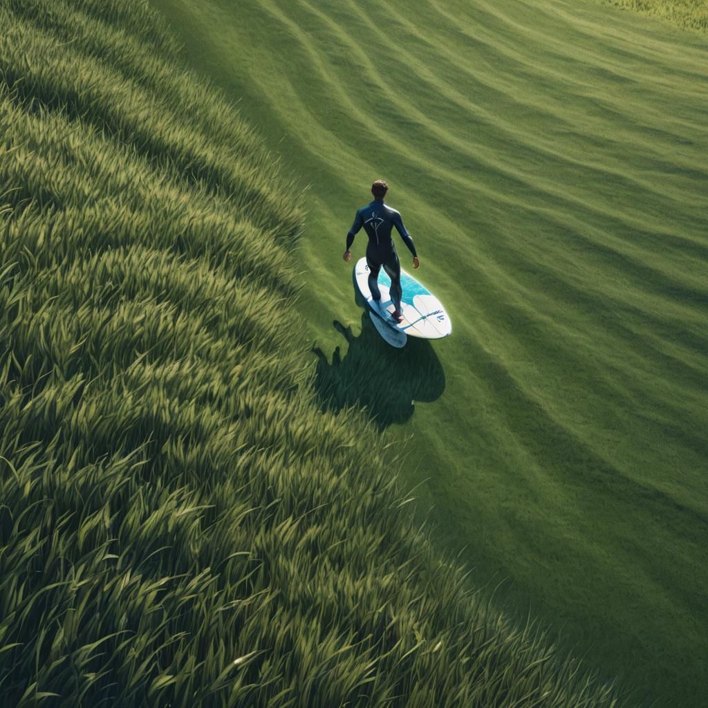 Surreal Grass Wave: A Lone Surfer's Fantasy