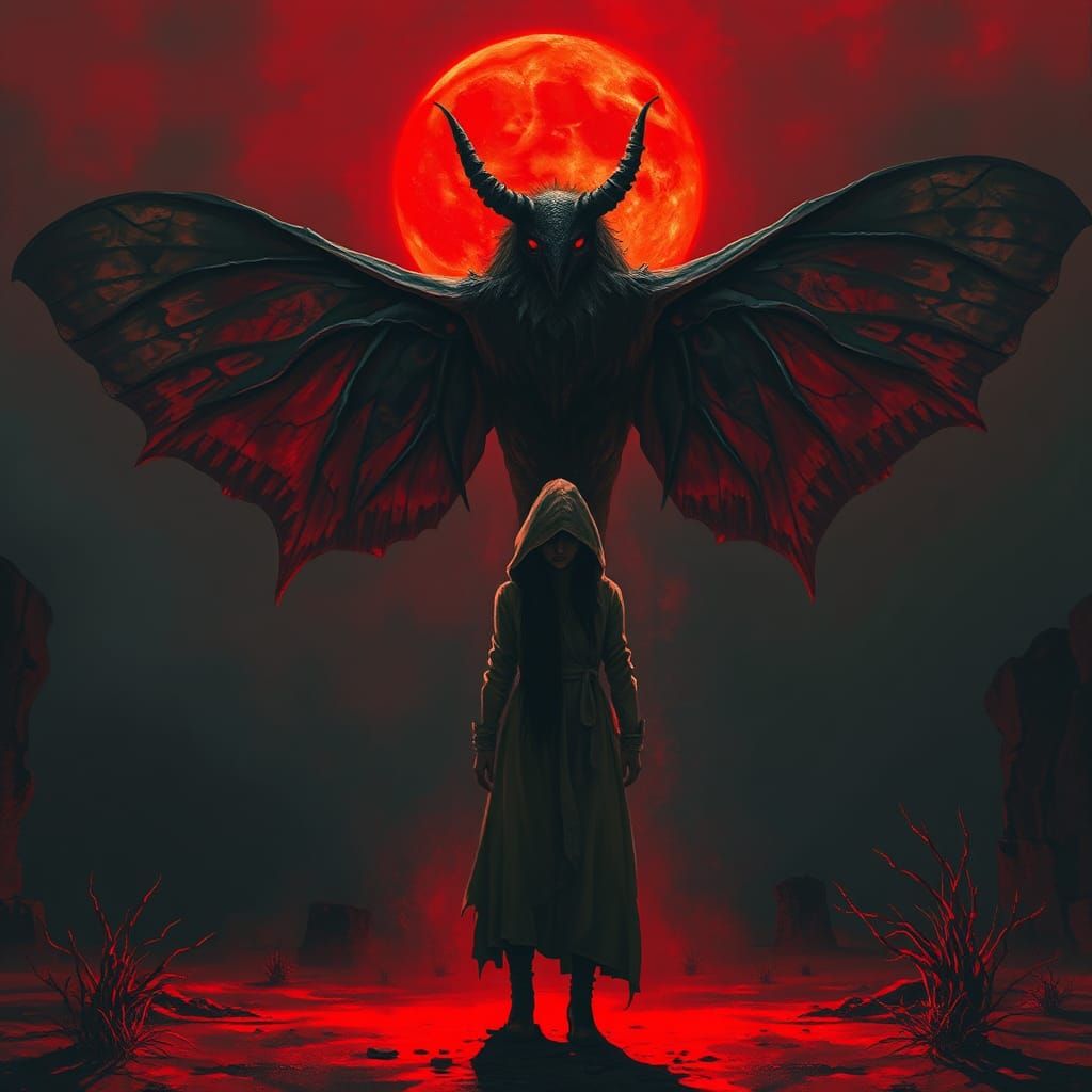 Eerie Crimson Landscape with Moth Creature