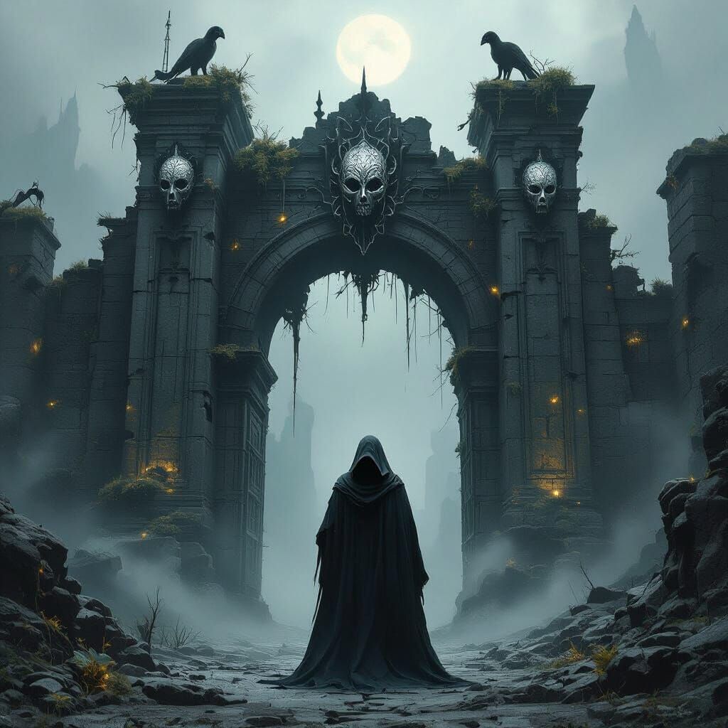 Hooded Figure at Ancient Gate in Dark Fantasy Style